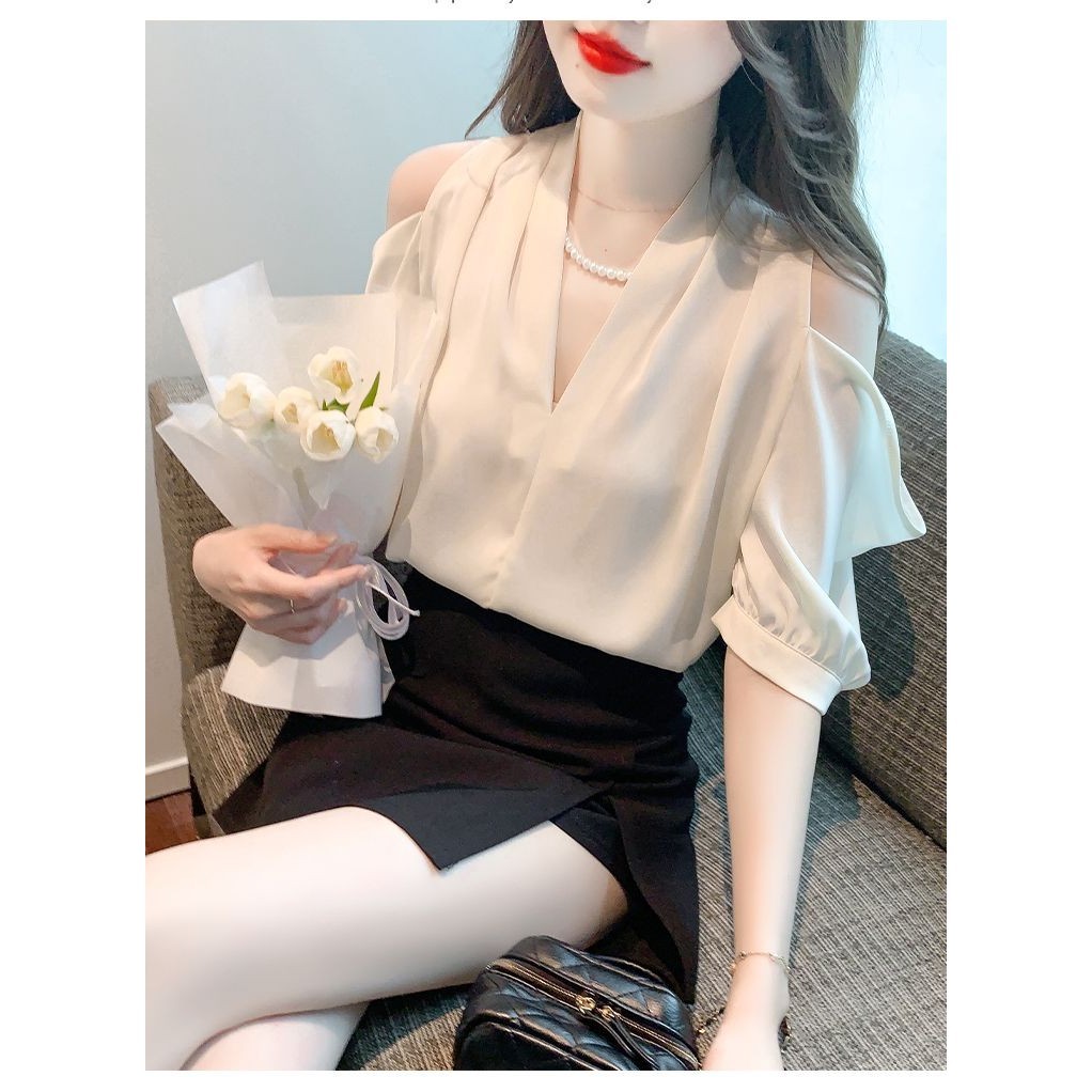 Temperamen Baru Musim Panas WanitaVKemeja Sifon Serbaguna Kerah Simpel, Kemeja Atasan Sifon Warna Po