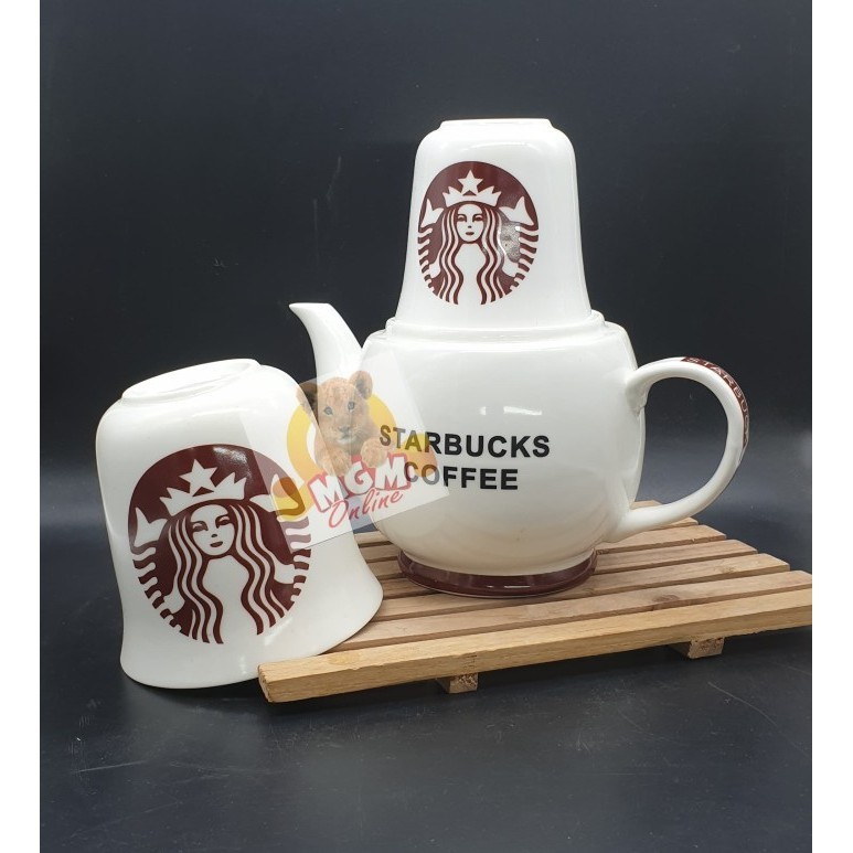 Set Teko Starbucks dengan Gelas Susun Keramik Teko Set Starbucks