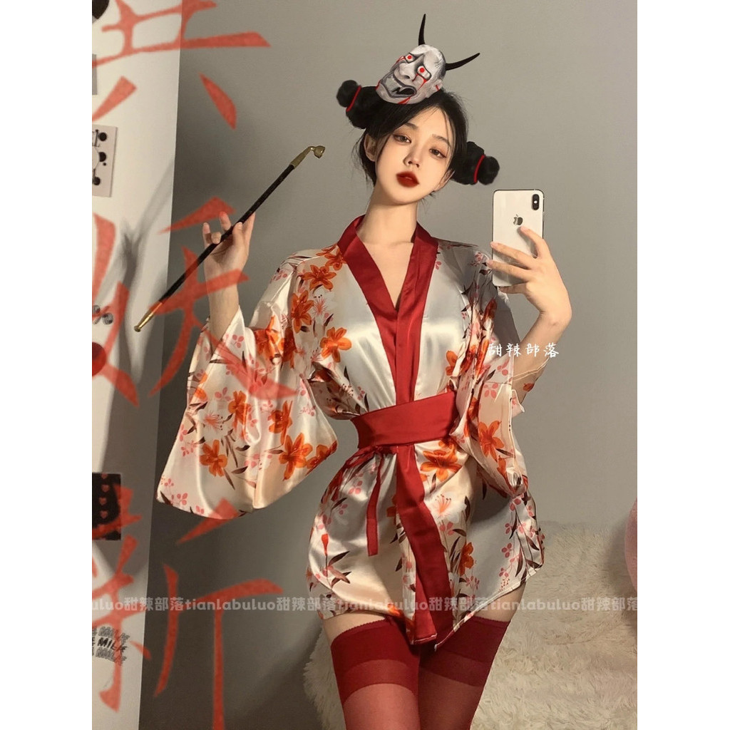 Japan WOMENGAGA Cosplay Style Retro Print Mini Dress High Waist Belt Kimono Bandage Uniform Maid Hot
