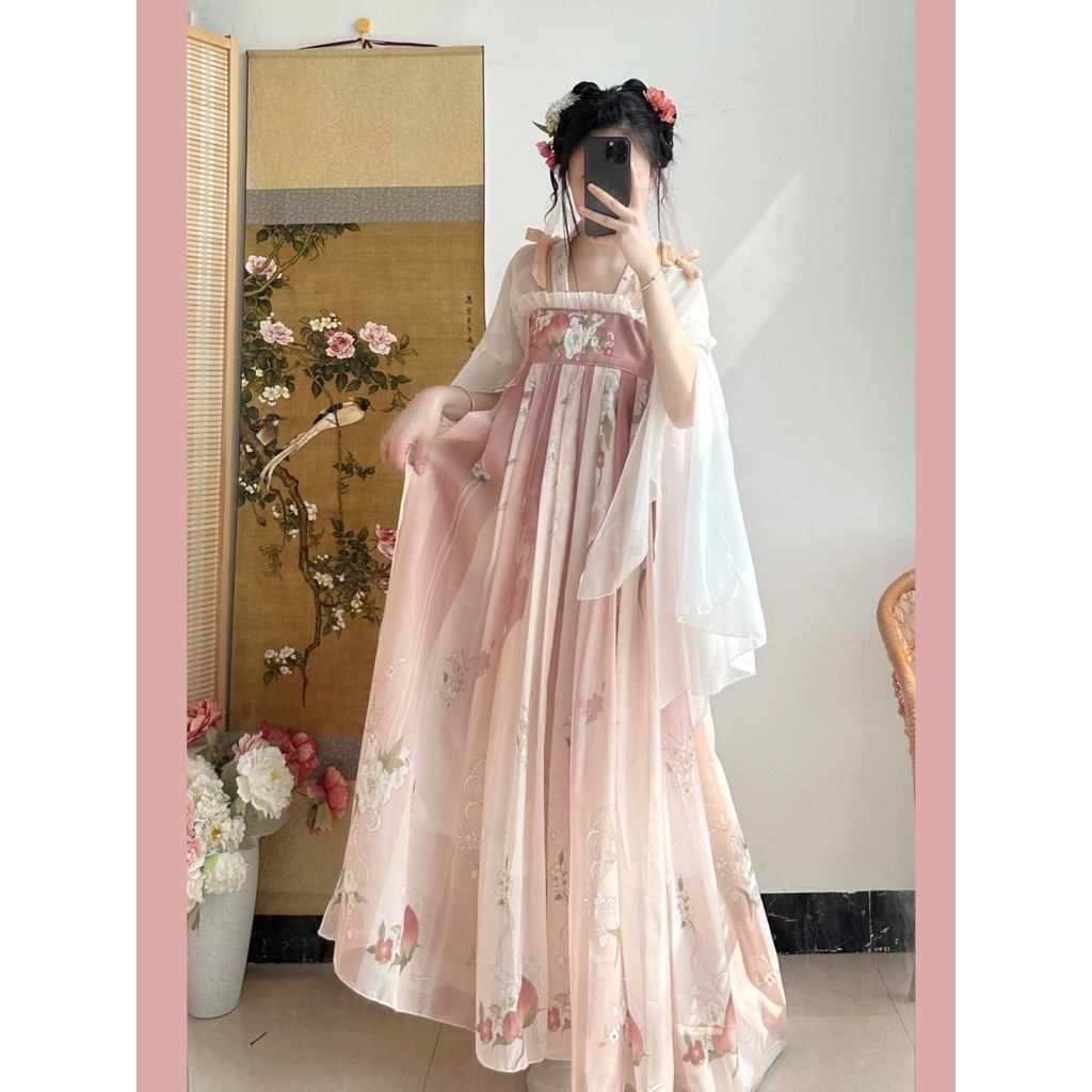 Gaun Dada Wanita Hanfu Setelan Peri Han Bermotif