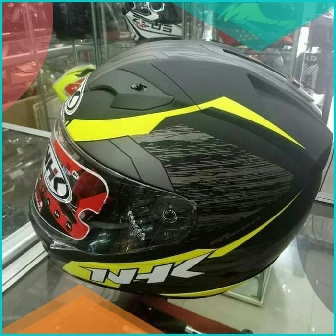 HELM NHK GP 1000 MOTIF DOUBLE VISOR KUNING LIS ABU-ABU DOFF 19F3B2024