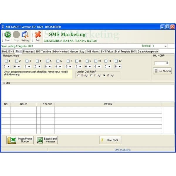 Software Aretasoft SMS Marketing Broadcast SMS Gateway versi 1821