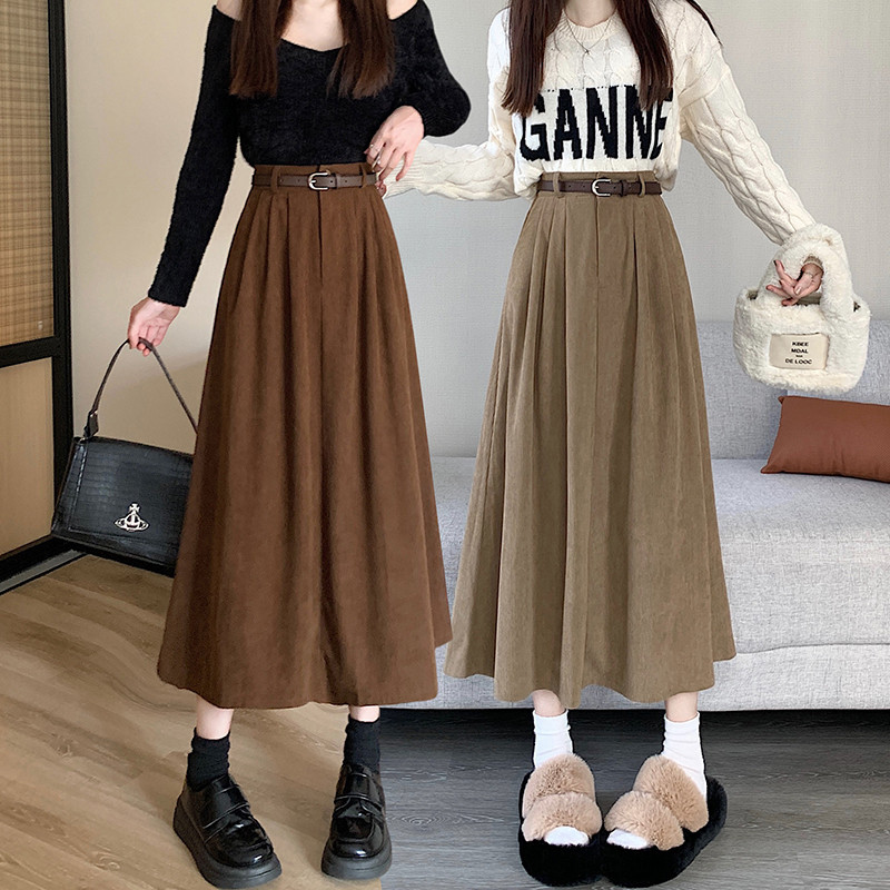Rok Wanita Korduroi Retro Gaya Korea, Rok Lipit Musim Semi dan Panas