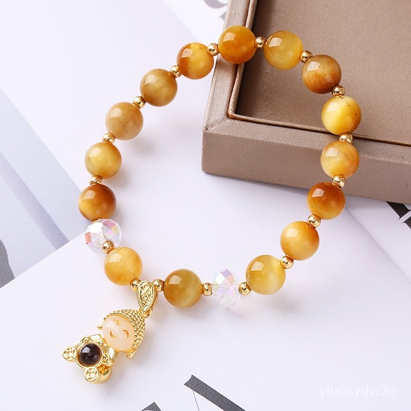 insGelang Kristal Batu Mata Harimau Emas Gaya Korea Cincin Tunggal Perhiasan Gelang Manik-manik Budd