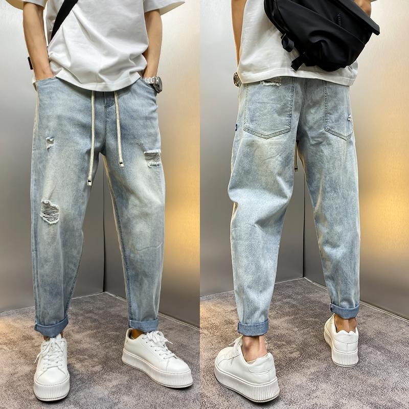 Celana Harem Sobek untuk Wanita, Celana Jeans Tipis Longgar Berwarna Terang Modis Bermerek