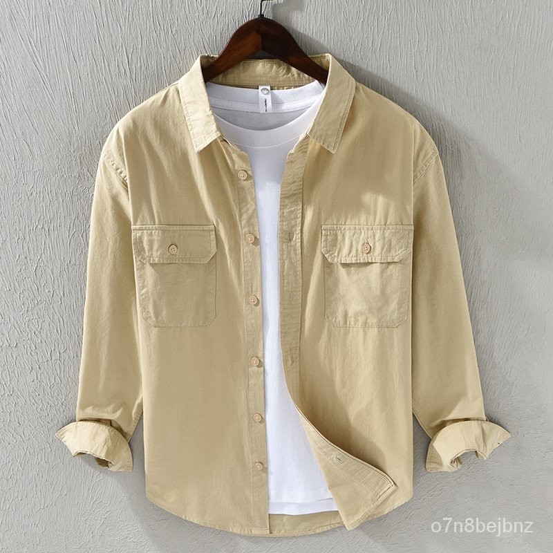 Japanese Style Simple Cotton Casual Shirt Men's Long Sleeve Loose All-Match Double Pocket Work Cloth