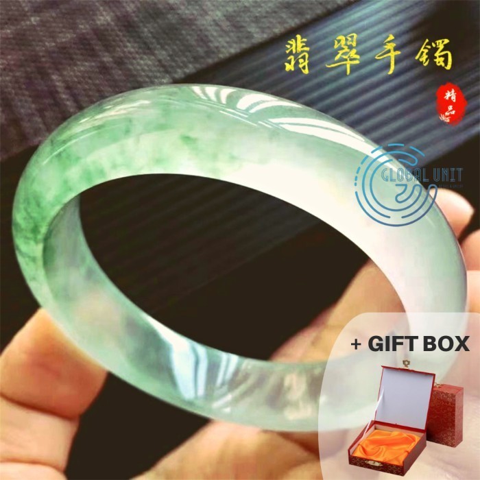 Gelang Batu Es Giok Alam Putih Hijau China / Natural Ice Green Jade 28