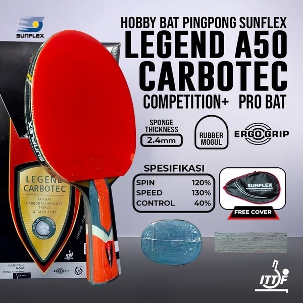 Bet Pingpong Tenis Meja Sunflex Legend A50 Pro Carbotec 9000 Competition Bat Karet Tebal 2.4mm