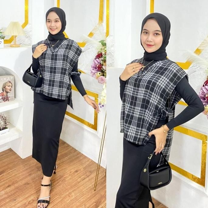 Ekstra Vest Flanel Tali Samping Wanita / Korean Style Rompi Kotak Meisyatere