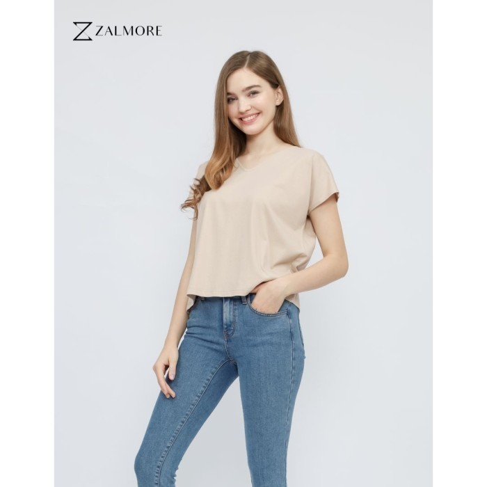 Zalmore Women Vneck Loose T-Shirt Premium Cotton - Kaos Wanita