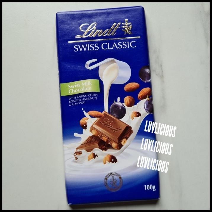 

Lindt Swiss Classic Swiss Milk Chocolate Raisin Hazelnut Almond Coklat