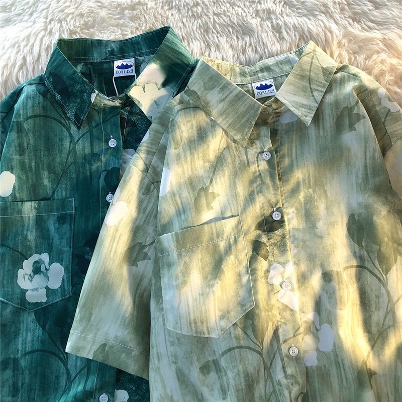 Pasangan Ikat Celup Retro, Gaya AmerikaoversizeKemeja Lengan Pendek Pria dan Wanita Kemeja Bunga Jal