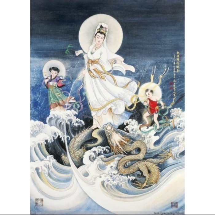 Repro Digital Lukisan Gambar Dewa Dewi Kwan Im Pu Sha Sat anak Chinese