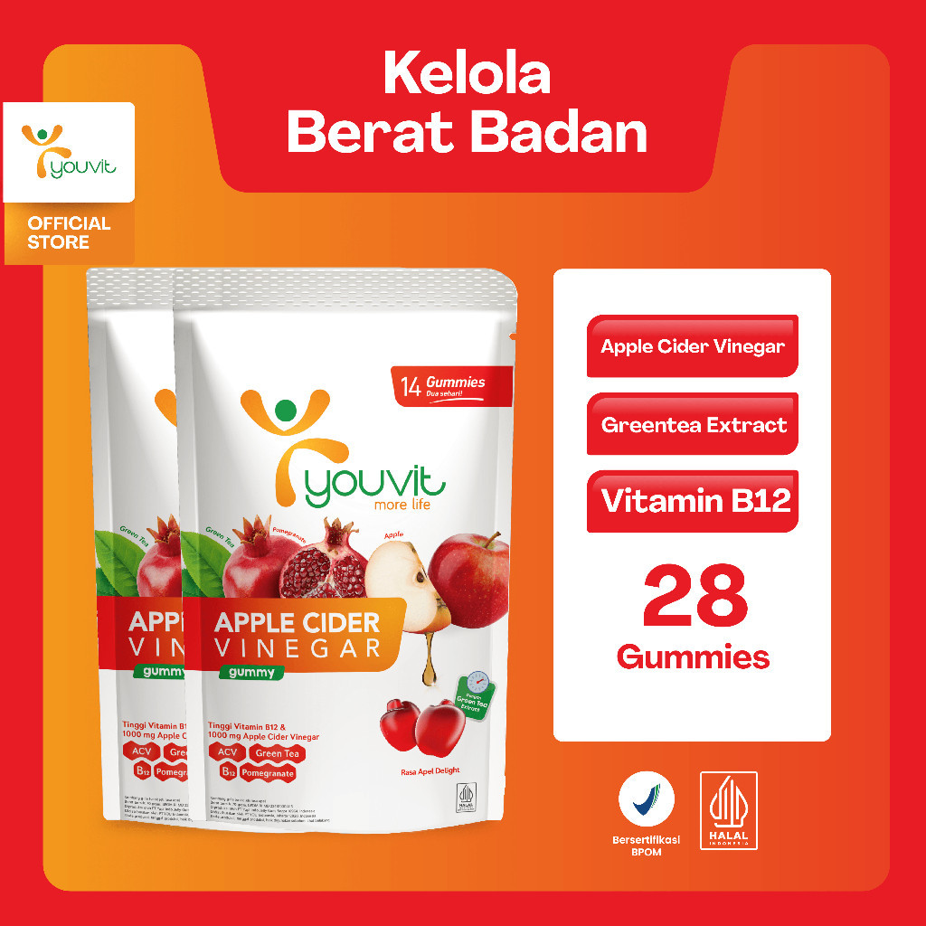 Apple Cider Vinegar Gummy untuk Kelola Berat Badan | Youvit ACV 14 Hari dengan Apel, Ekstrak Greente