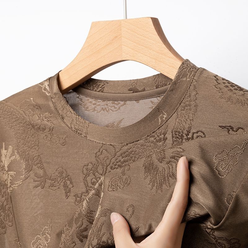 Woodpecker Ice Silk Short SleeveTShirt Thin round Neck Men's Mulberry Silk Jacquard Trendy Casual Qu