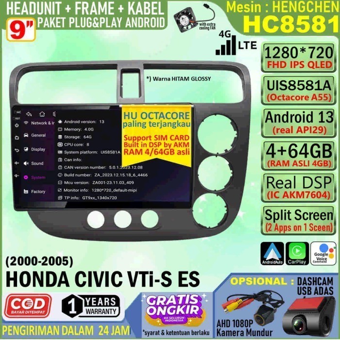 Paket Headunit Android 9 inch + Frame + Soket PNP Honda Civic 2000 Hengchen UIS8581A RAM 4GB-ROM 64G