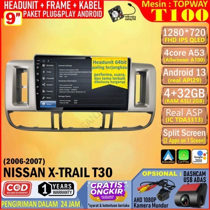 Paket Headunit Android 9 inch + Frame + Soket PNP Nissan X-Trail T30 Topway T100 RAM 4GB-ROM 32GB-IP