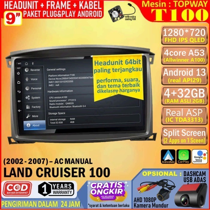 Paket Headunit Android 9 inch + Frame + Soket PNP Toyota Land Cruiser 100 Topway T100 RAM 4GB-ROM 32