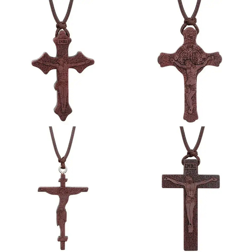 INRI Liontin Kalung Salib Yesus Christian Orthodox untuk Pria, Kalung Salib Kayu Umbila Merah Tali R