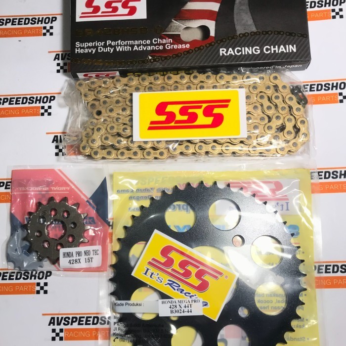 Gear Set Sss Black Honda Mega Pro / Tiger & Rantai Sss Hsbt 428 Gold