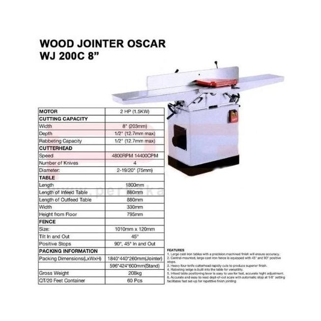 Ub0765 Wood Jointer Wj-200C 8Inch Oscar Economical Jointer Oscar