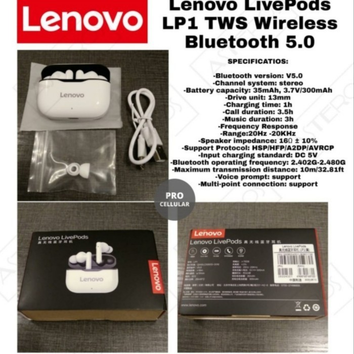Earphone Lenovo Livepods Lp1 Tws Handsfree Bluetooth Ori