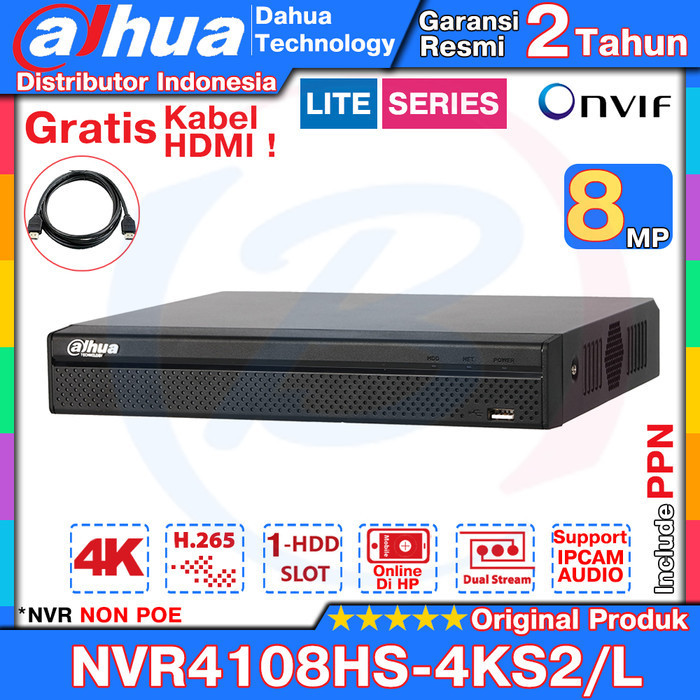 Nvr Dahua 8Ch Nvr4108Hs-4Ks2/L 8Mp Support Audio & Onvif Original