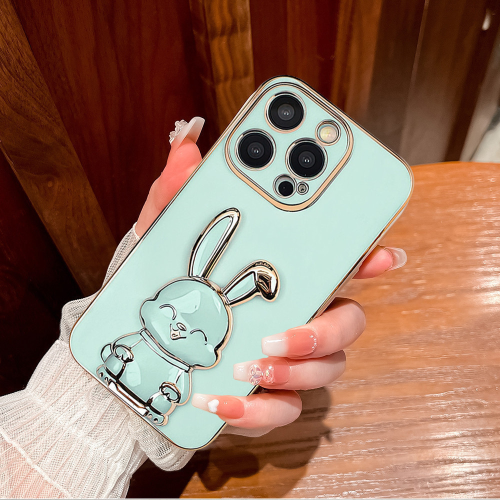 Premium Case OPPO Casing OPPO Electroplated TPU Case Plain with Pop Socket Rabbit for OPPO A15 A16 A