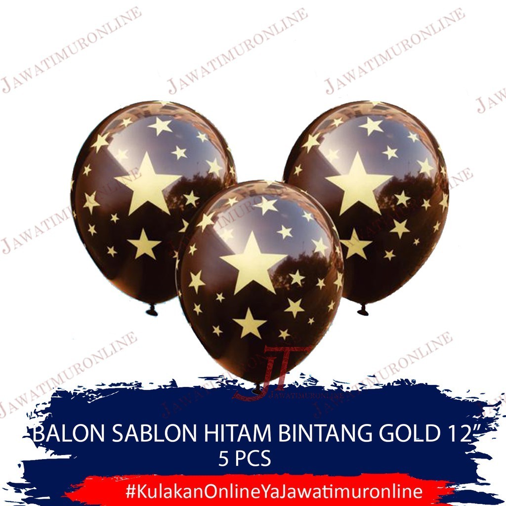 Balon Latex Hitam Sablon Bintang 12 INCI (isi 5 Biji) Balon 12 INCI