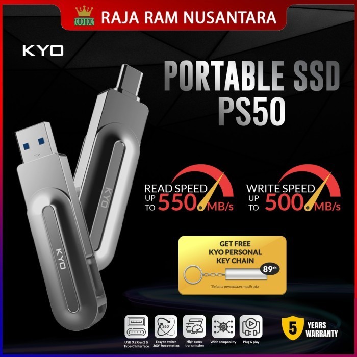 KYO PS50 256GB PORTABLE SSD USB 3.2 TYPE C EXTERNAL SSD EKSTERNAL USSD ORIGINAL BEST QUALITY