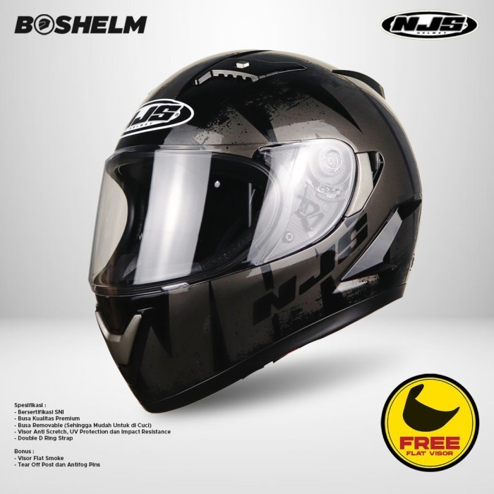 HELM NJS SHADOW REAPER BLACK GLOSSY SILVER HELM FULL FACE SNI