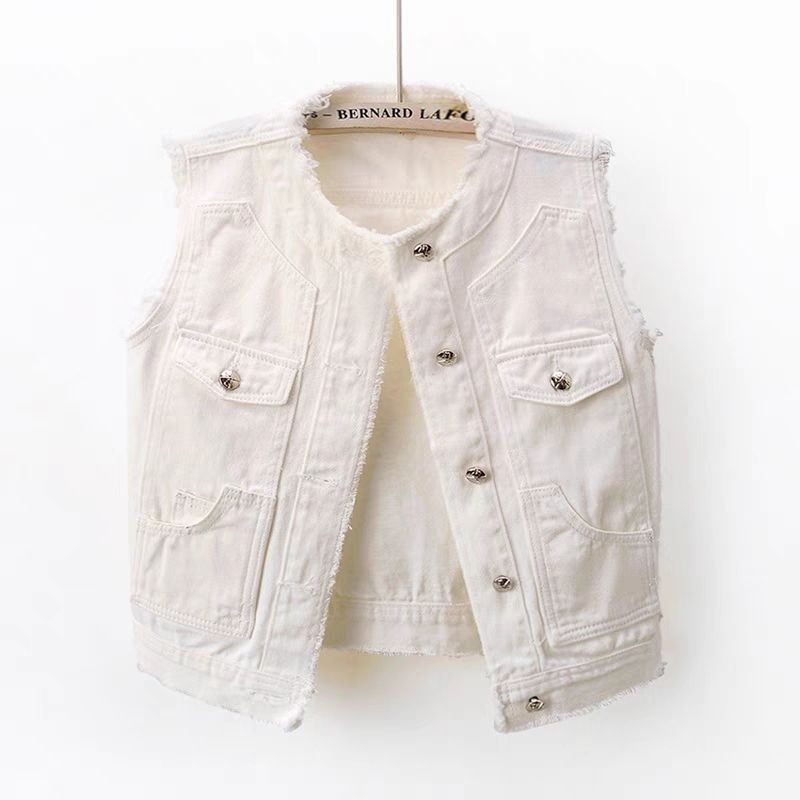 Rompi Denim Putih Pendek Tanpa Lengan, Jaket Rompi Modis Atasan Rompi Lengan Pendek