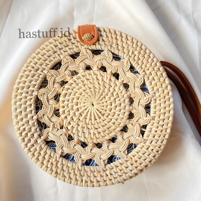 ~~~] Tas Rotan Jalin Cream Sling Bag Bulat Bali Murah Grosir Supplier