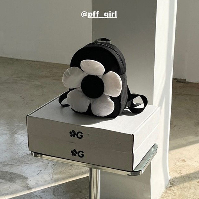 Tas Punggung Wanita, Ransel Hitam Nilon Putih Bunga Kecil