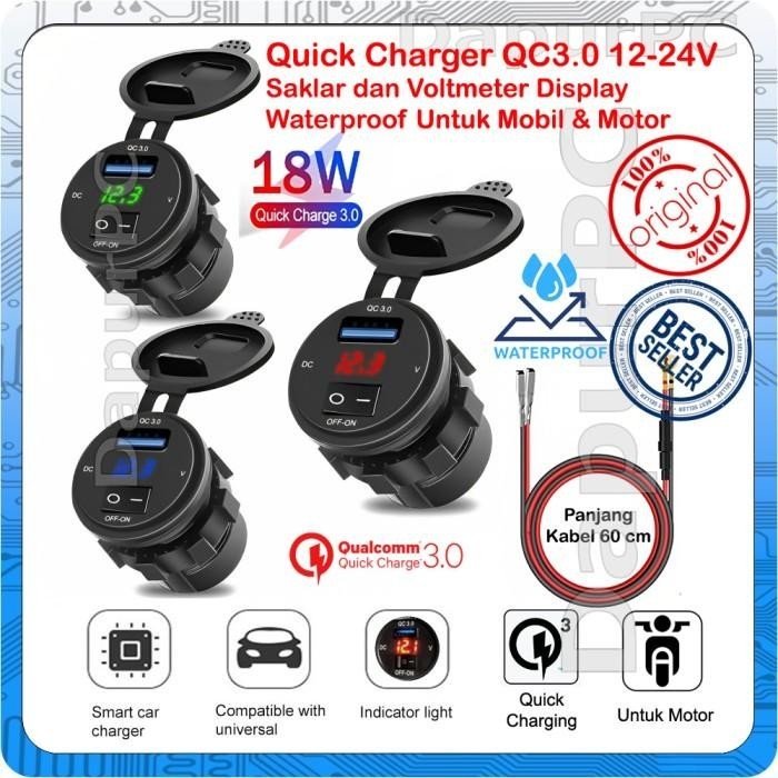 Quick Charger Qc3.0 12-24V Saklar Dan Voltmeter Waterproof Mobil Motor