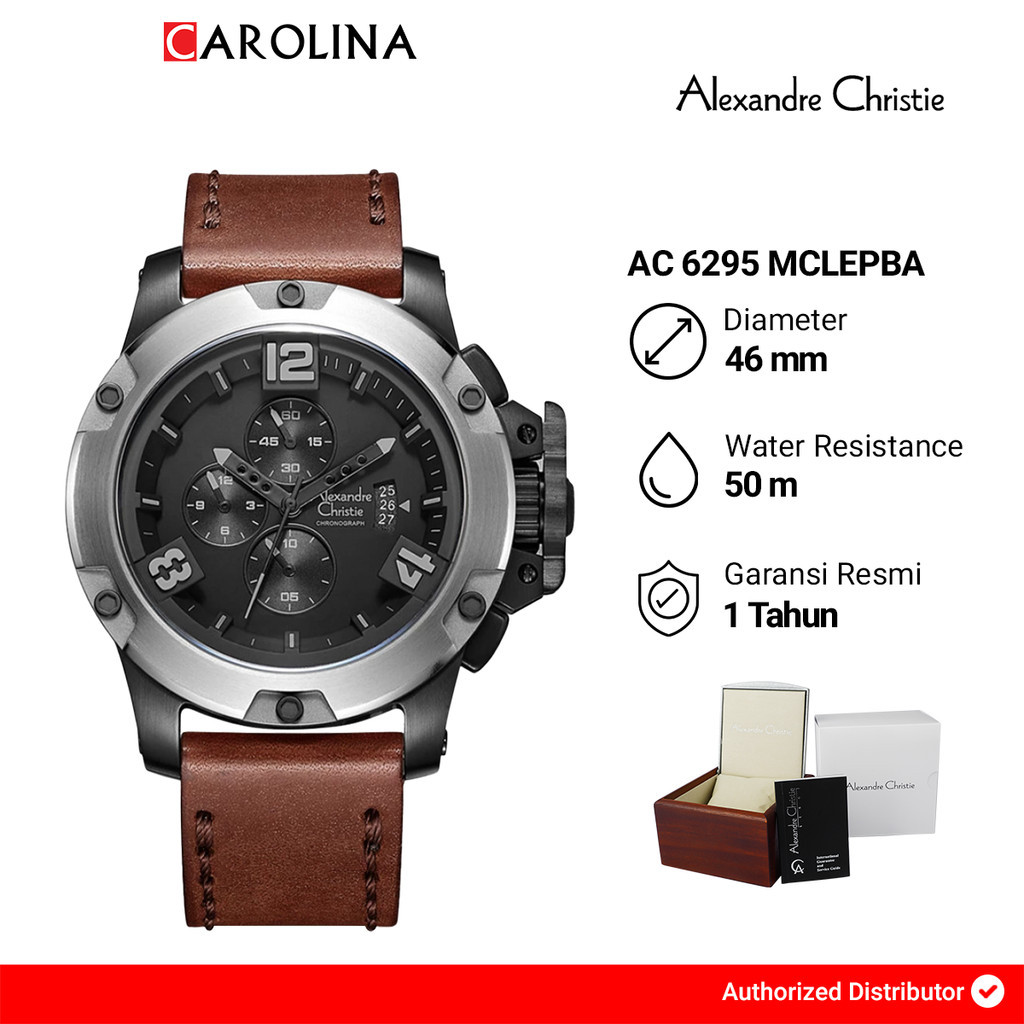 Jam Tangan Pria Alexandre Christie Chronograph AC 6295 MCLEPBA Sport Black Dial Brown Leather Strap