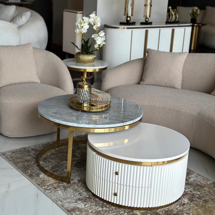 coffe table marmer besi stainless, meja tamu bulat modern, coffe table