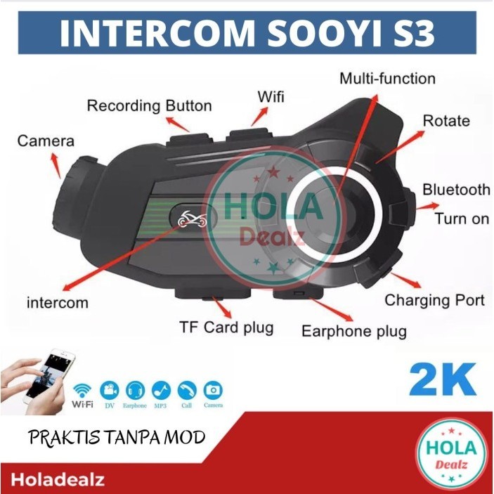 Intercom Sooyi S3 Bluetooth Helm Intercom Camera 2K Stabilizer 2 Rider