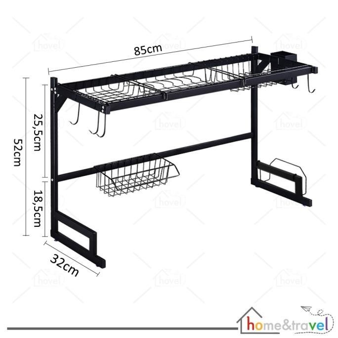 HOVELSHOP Rak Piring Tutup 2 Susun Stainless Hitam Wastafel Dapur