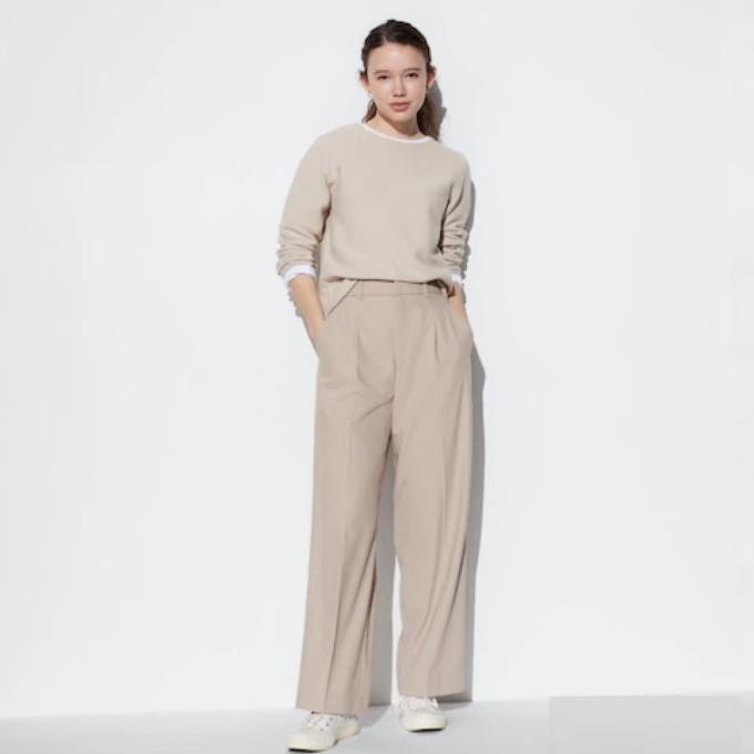 UNIQLO Pleated Wide Pants Celana Panjang Lebar Lipit Wanita Beige