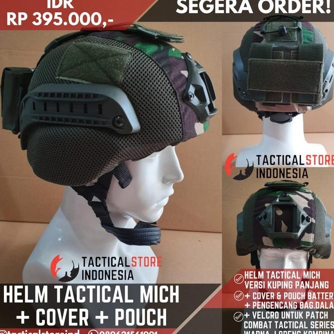 Helm Tactical Mich 2000 + Cover + Pouch Battery - Hijau Loreng
