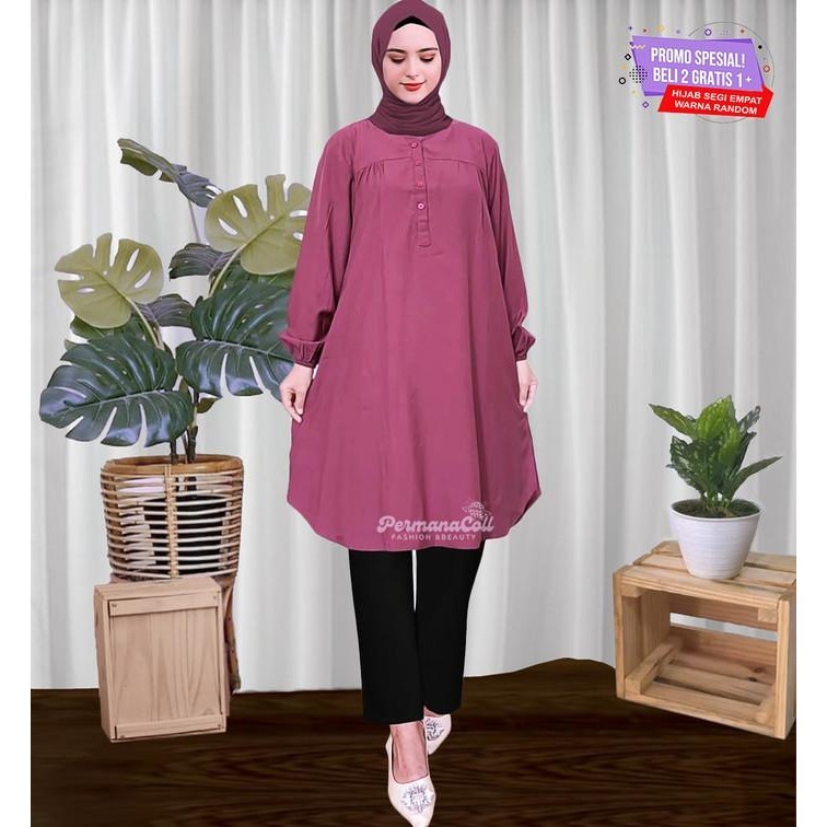 Atasan Wanita Lengan Panjang Baju Kemeja Muslim Tunik Warna Merah