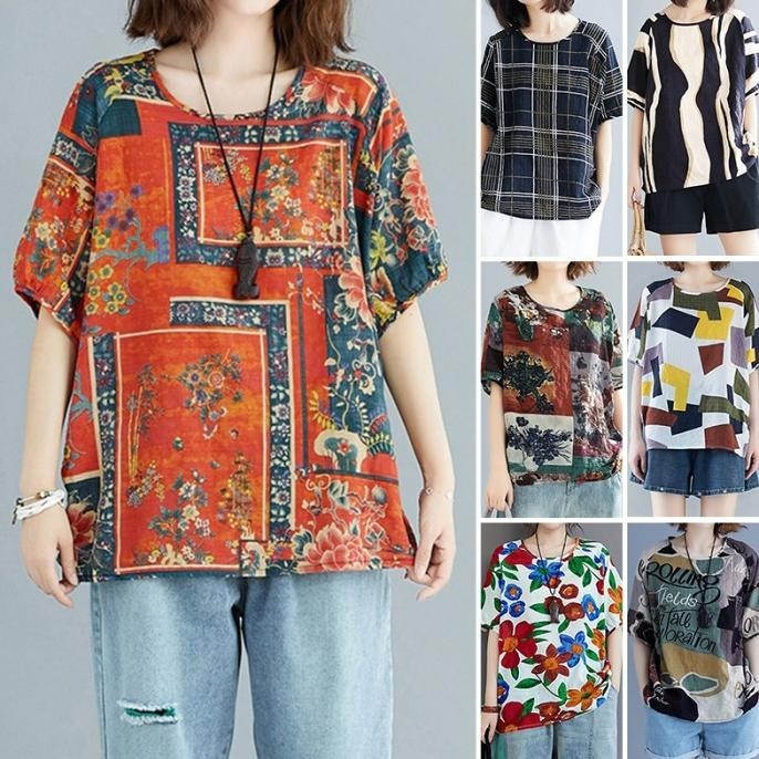 ZANZEA Muslim Wanita Pendek Kemeja Floral Printed Longgar Atasan batik