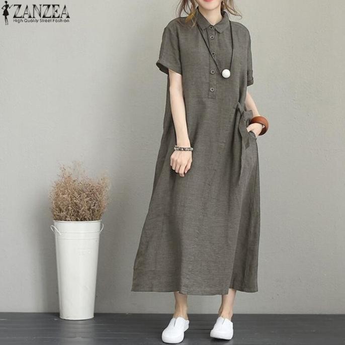 ZANZEA Muslim Wanita Lengan Pendek Kasual Long Dress Wanita Kemeja