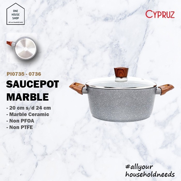 Panci Saucepot Tinggi Marble Ceramic Anti Lengket Cypruz Tutup Kaca