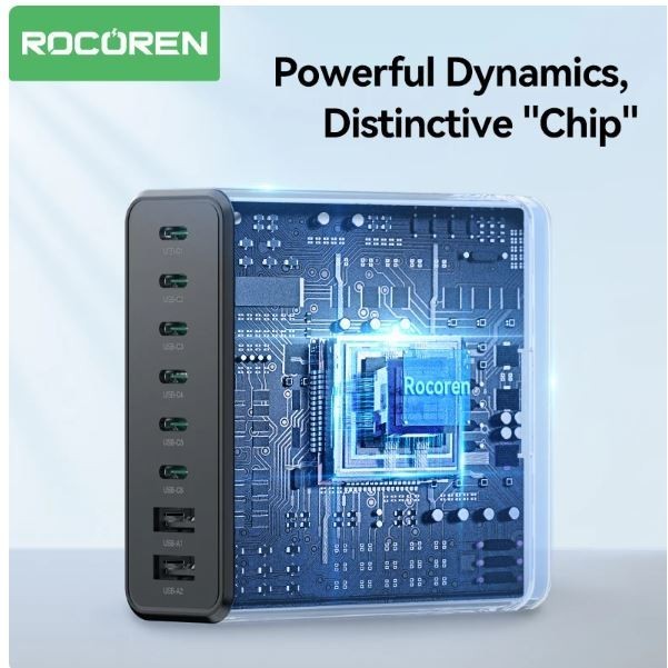 Rocoren 200W 8 Port Usb C Pd High Speed Charger Desktop Fast Charging