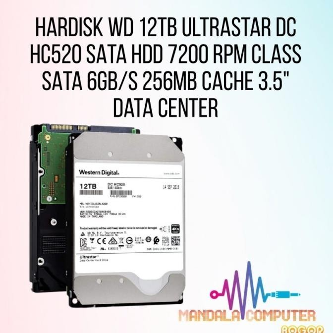 Hardisk WD 12TB Ultrastar DC HC520 SATA HDD 7200 RPM Class SATA 6Gb/s 256MB Cache 3.5" Data Center
