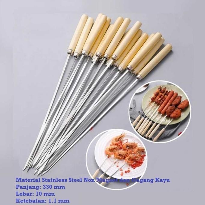 Tusuk Sate BBQ Reusable 33cm Gagang Stainless Steel Wood Isi 50pcs
