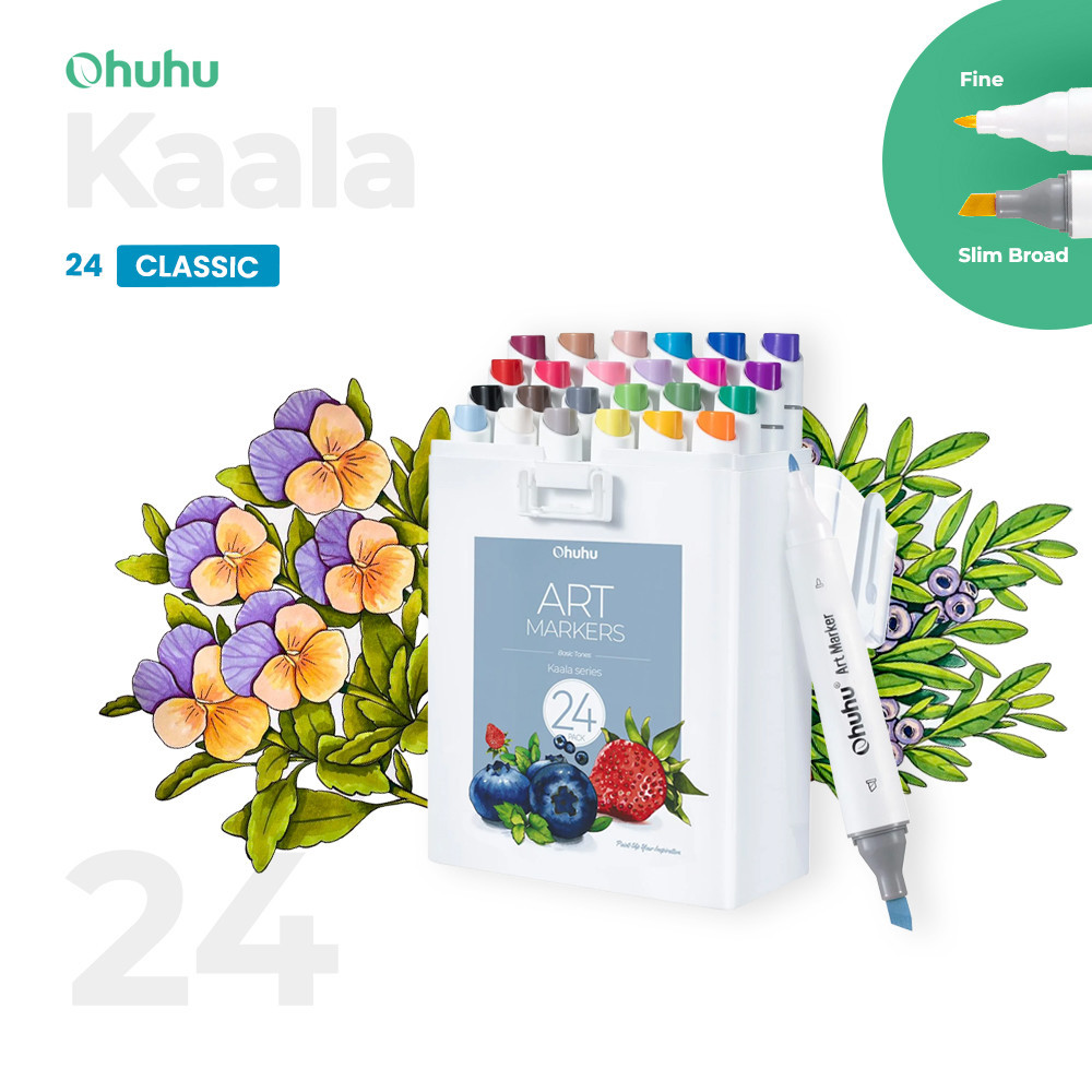

OHUHU Kaala Basic Tone 24 Colors Dual Tip (Slim Broad & Fine) Alcohol Art Markers