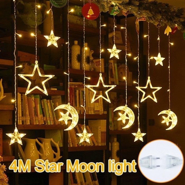 Lampu Hias Kelap-Kelip Bintang Bulan Lampu Natal Tirai Led Hias Kamar